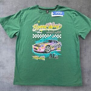 Romwe Speedway Graphic T-Shirt Men's XXL Green Race Car Short Sleeve Tee